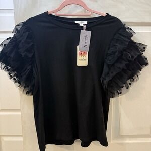 Entro NWT Women's Short Sleeve S Black Top Tulle Polka Dot Sleeves Witchy